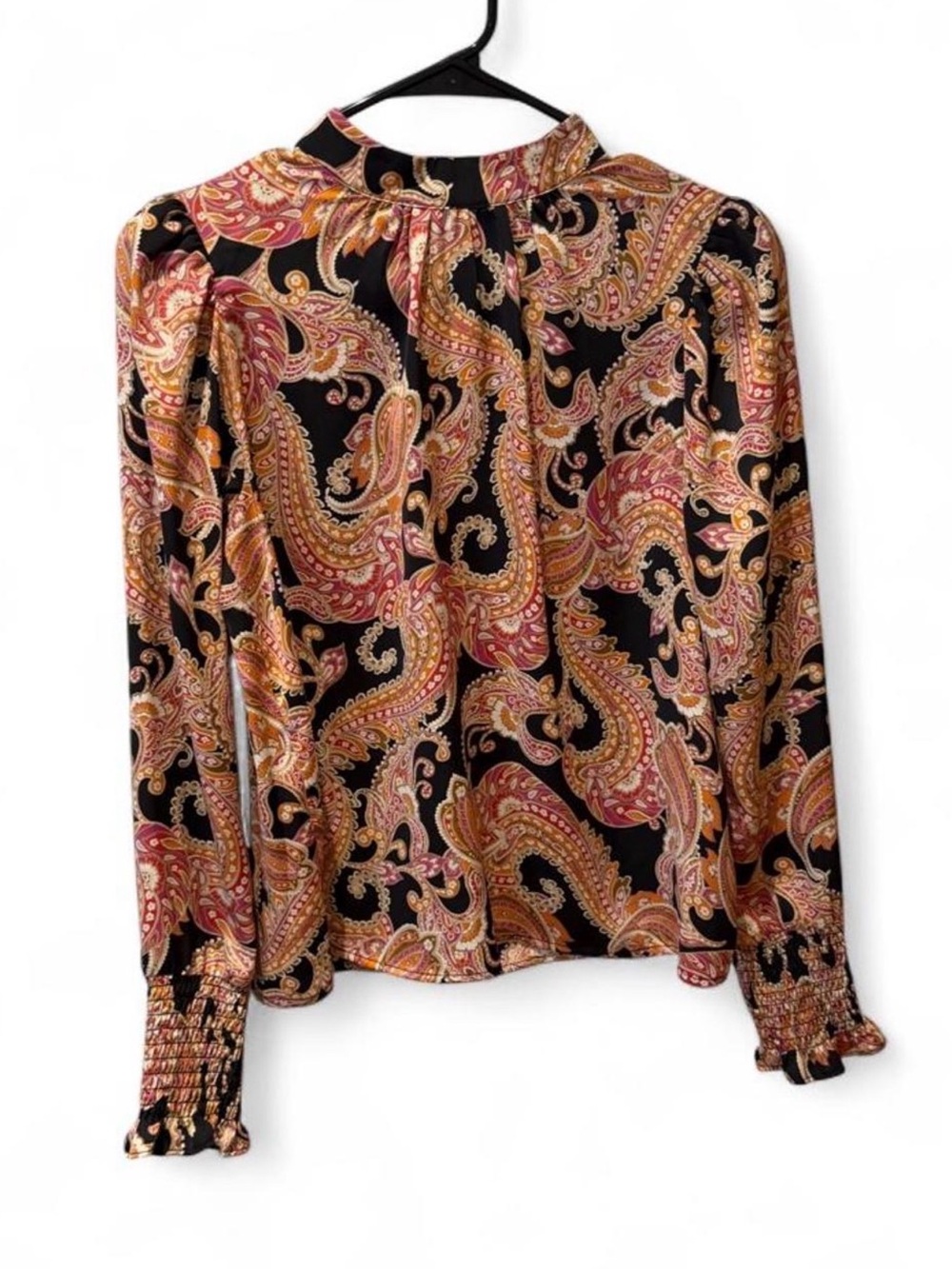 Who What Wear Paisley Button-Back Long Sleeve Blouse in Black, Pink and Gold